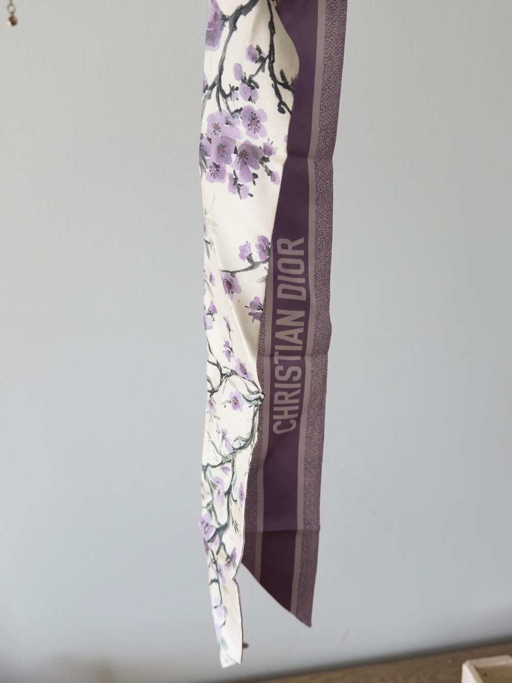 Dior Lavender Floral Silk Twilly with Logo Stripe - Picture 2 of 5